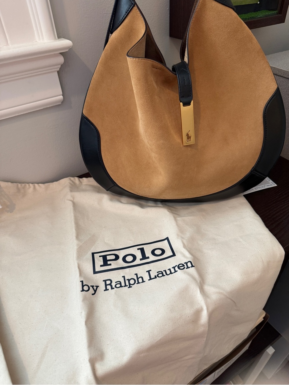 Polo ID by Ralph Lauren Tan Suede and Black Trim Crescent Messenger Shoulder Bag